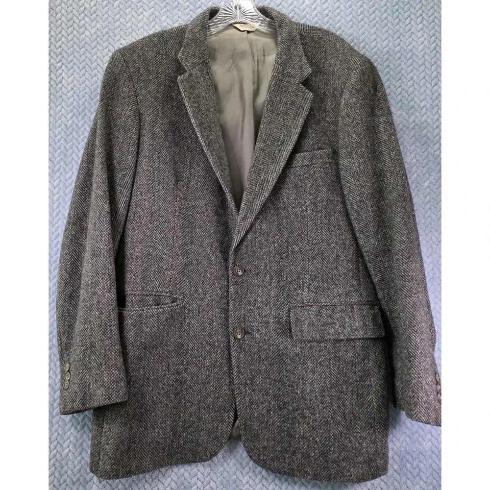 New England Herringbone Grey Tweed Sportcoat Mens Size 40L 100% Wool Made In USA
